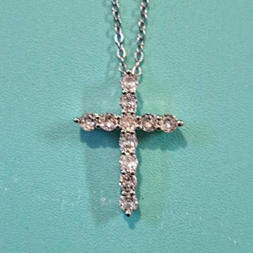 Silvertone Necklace Cross, Clear Gemstones, 3cmx2cm